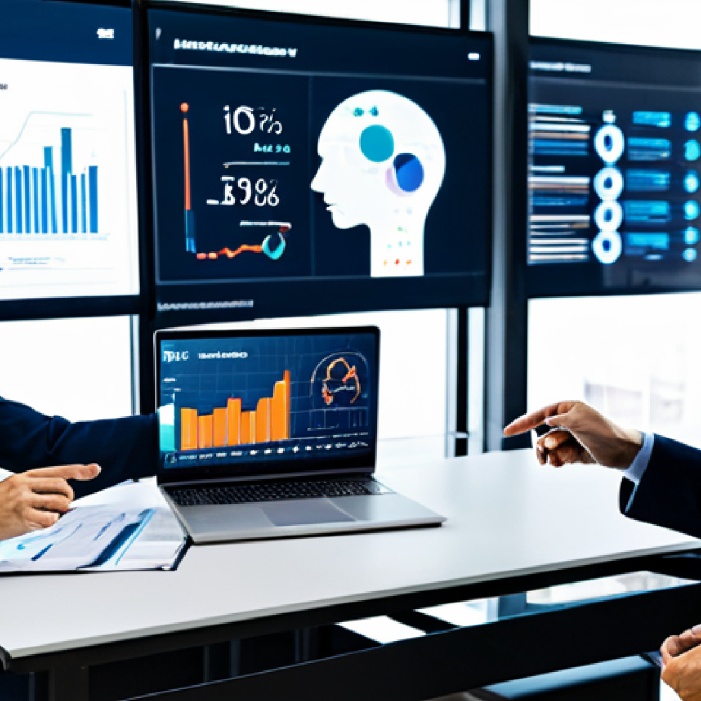 A diverse team of professional marketing analysts, fully clothed in modest business attire, collaborating in a sleek, modern office. They are gathered around a large, interactive digital display, which showcases intricate data visualizations, AI-driven insights, and predictive analytics charts. The team members are pointing at the screen and engaging in a focused discussion, reflecting a data-driven approach to digital marketing. The scene embodies technological sophistication and collaborative intelligence. safe for work, appropriate content, fully clothed, professional, perfect anatomy, correct proportions, natural pose, well-formed hands, proper finger count, natural body proportions, professional photography, high quality.
