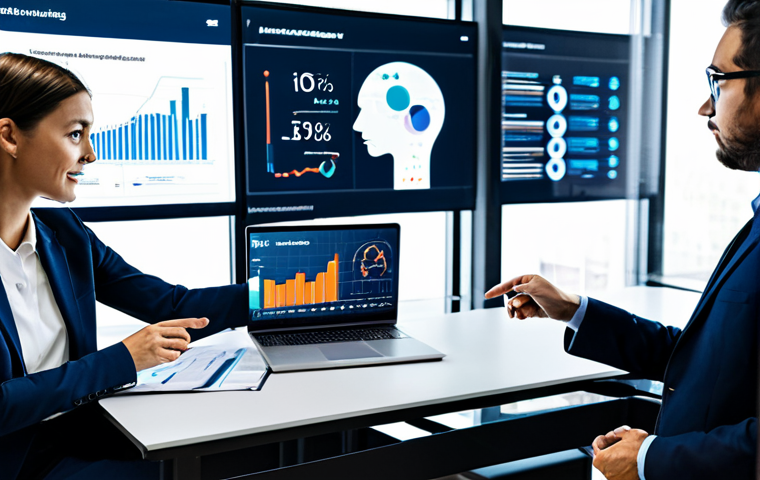 A diverse team of professional marketing analysts, fully clothed in modest business attire, collaborating in a sleek, modern office. They are gathered around a large, interactive digital display, which showcases intricate data visualizations, AI-driven insights, and predictive analytics charts. The team members are pointing at the screen and engaging in a focused discussion, reflecting a data-driven approach to digital marketing. The scene embodies technological sophistication and collaborative intelligence. safe for work, appropriate content, fully clothed, professional, perfect anatomy, correct proportions, natural pose, well-formed hands, proper finger count, natural body proportions, professional photography, high quality.