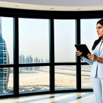 **

"A professional Arab businesswoman in a modest business suit, standing confidently in a modern office setting with a panoramic view of Dubai. She is holding a tablet displaying marketing analytics. Fully clothed, appropriate attire, safe for work, perfect anatomy, natural proportions, professional photography, high quality."

**