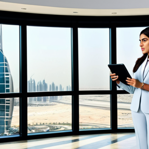 Home 20 **
"A professional Arab businesswoman in a modest business suit, standing confidently in a modern office setting with a panoramic view of Dubai. She is holding a tablet displaying marketing analytics. Fully clothed, appropriate attire, safe for work, perfect anatomy, natural proportions, professional photography, high quality."
**