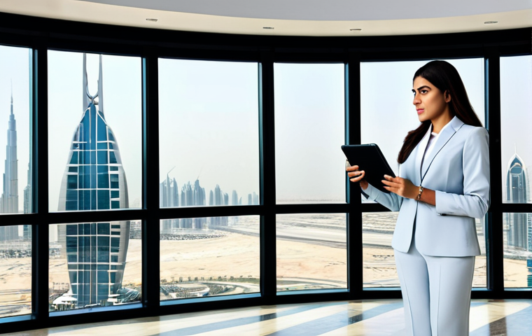 **

"A professional Arab businesswoman in a modest business suit, standing confidently in a modern office setting with a panoramic view of Dubai. She is holding a tablet displaying marketing analytics. Fully clothed, appropriate attire, safe for work, perfect anatomy, natural proportions, professional photography, high quality."

**