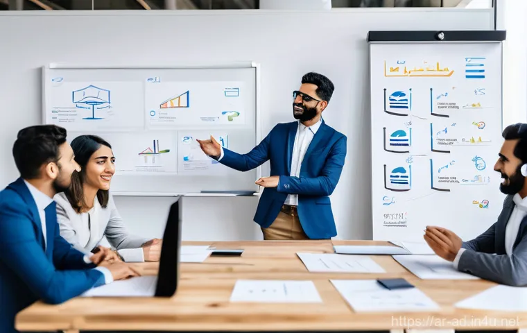 광고홍보사와 크리에이티브 광고 제안서 작성 - **Prompt:** A diverse team of professional marketers, comprising men and women of various Arab and i...
