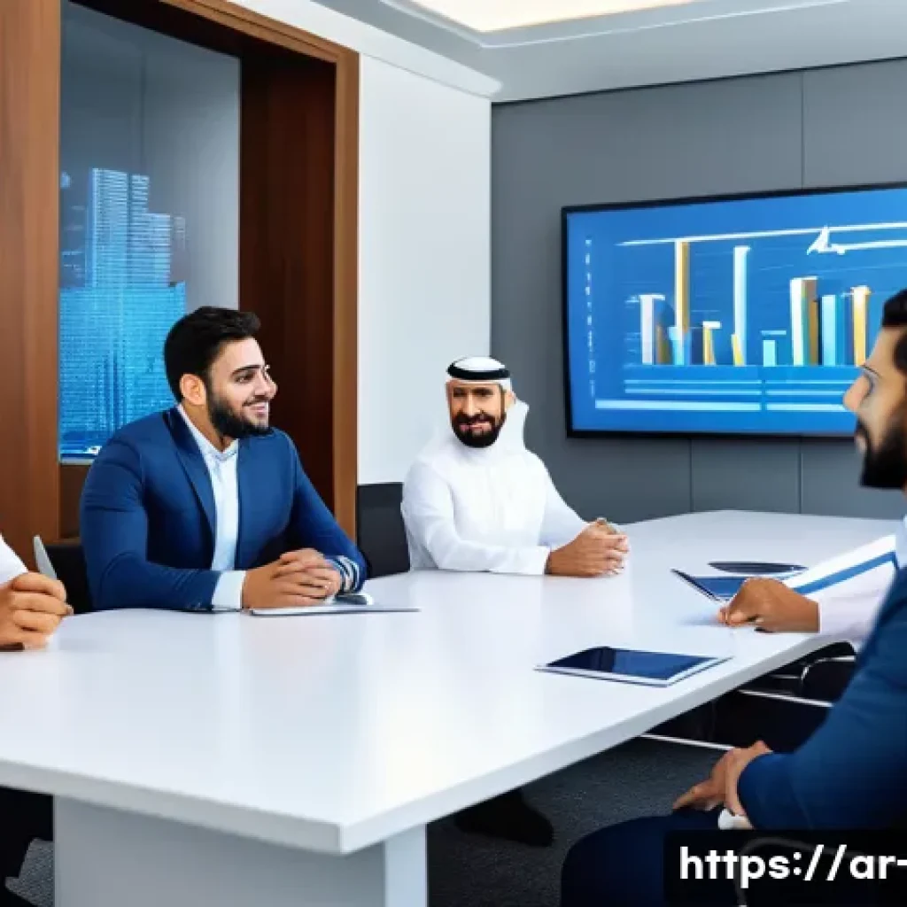 광고홍보사와 사내 광고 기획 사례 - A dynamic office scene in a modern Middle Eastern corporate environment, showing a diverse team of A...