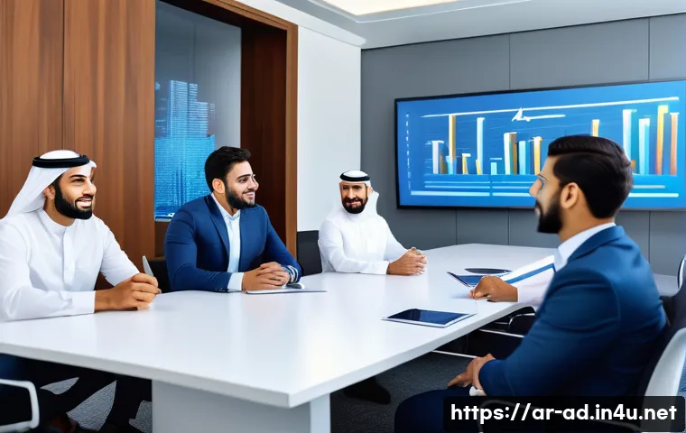광고홍보사와 사내 광고 기획 사례 - A dynamic office scene in a modern Middle Eastern corporate environment, showing a diverse team of A...