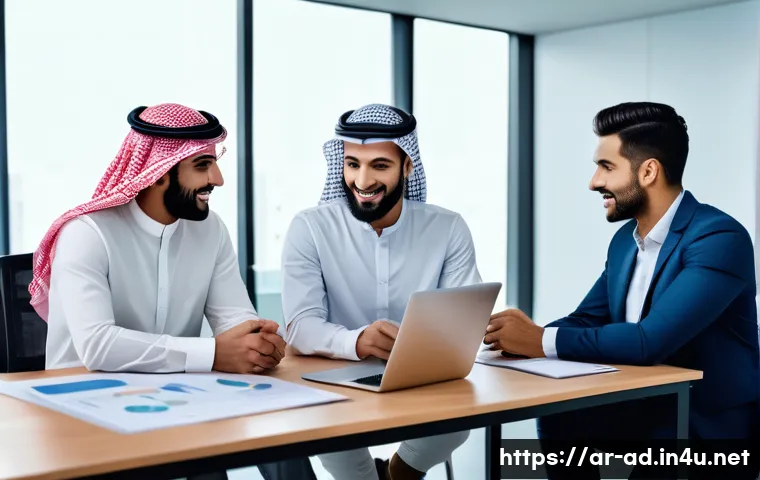 광고홍보사와 ROI 최적화 전략 - A professional Arabic marketing team collaborating in a modern office setting, diverse men and women...