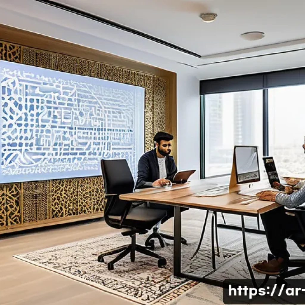 광고홍보사와 광고 제작 팀워크 - A professional creative agency office setting in a Middle Eastern city, showing diverse Arabic-speak...