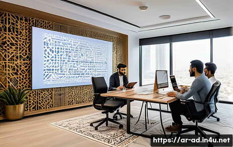 광고홍보사와 광고 제작 팀워크 - A professional creative agency office setting in a Middle Eastern city, showing diverse Arabic-speak...