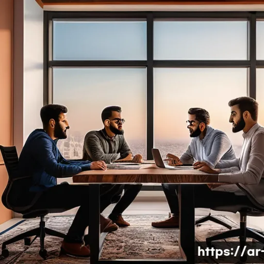 광고홍보사와 신생 기업 광고 캠페인 - A modern digital marketing office scene in a Middle Eastern startup environment, showing a diverse t...