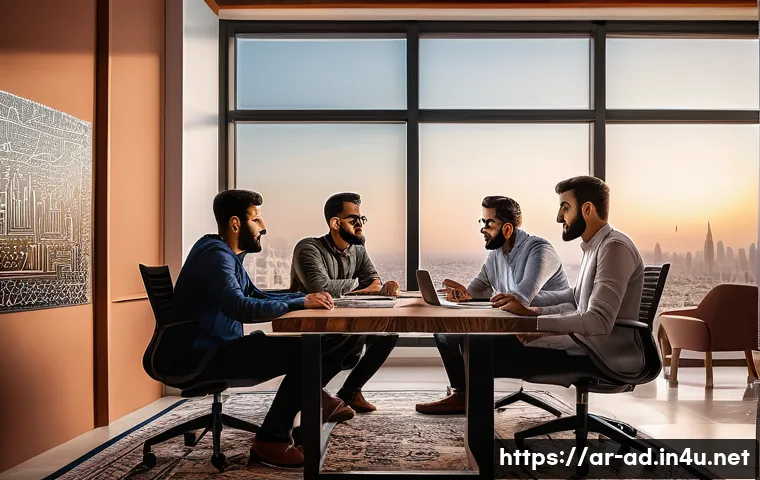 광고홍보사와 신생 기업 광고 캠페인 - A modern digital marketing office scene in a Middle Eastern startup environment, showing a diverse t...