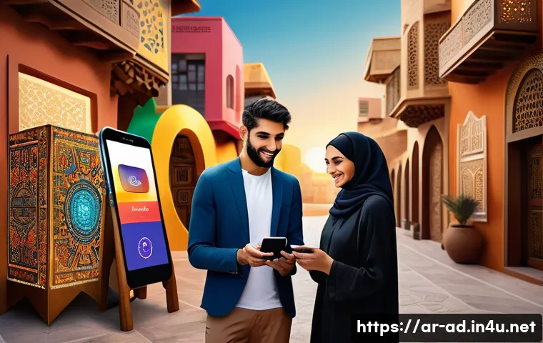 광고홍보사와 모바일 광고 트렌드 - A vibrant mobile advertising scene set in a modern Middle Eastern cityscape during golden hour, feat...