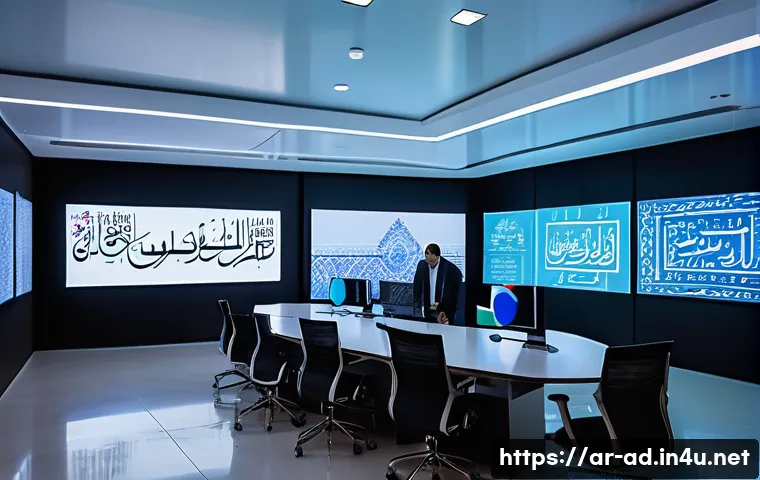 광고홍보사와 혁신적인 미디어 광고 사례 - A vibrant digital marketing scene set in a modern Middle Eastern office, featuring diverse Arab prof...