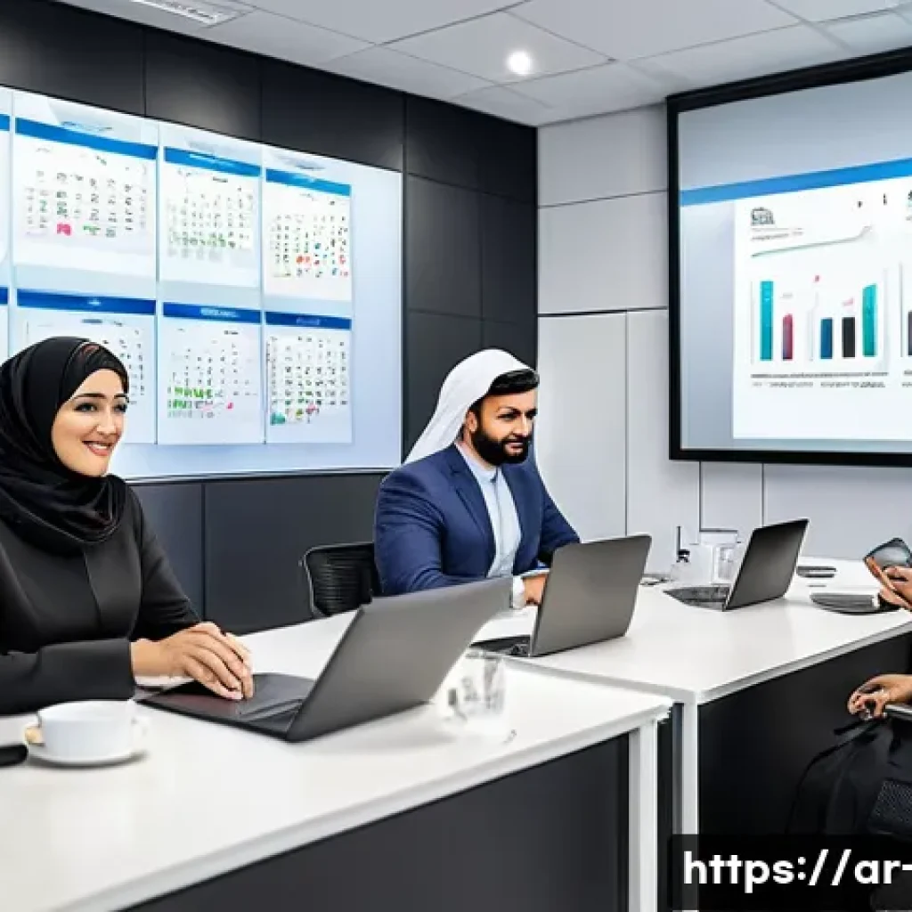 광고홍보사와 광고 캠페인 운영 팁 - A modern digital marketing office scene tailored for an Arabic-speaking audience, featuring a divers...
