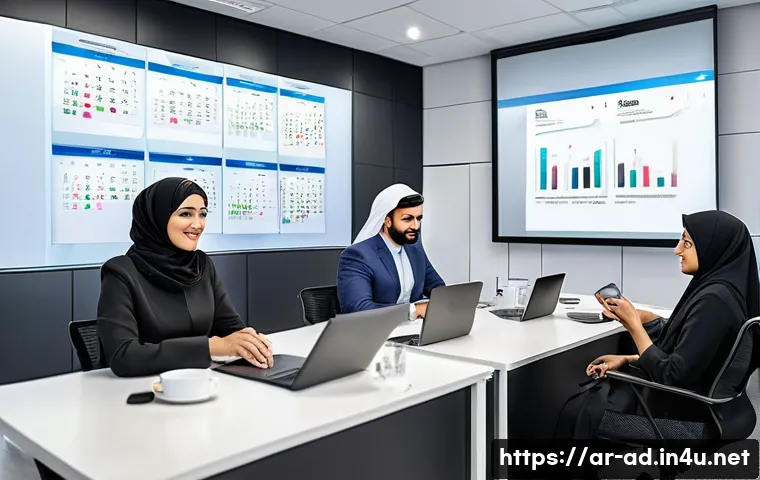 광고홍보사와 광고 캠페인 운영 팁 - A modern digital marketing office scene tailored for an Arabic-speaking audience, featuring a divers...