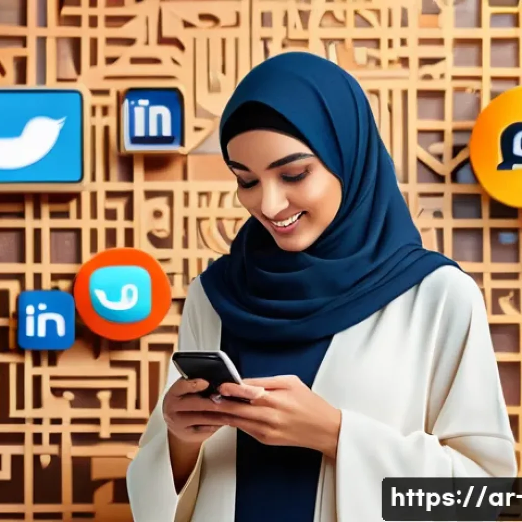 광고홍보사와 비주얼 스토리텔링 광고 - A vibrant digital marketing scene showcasing a Middle Eastern woman in modern modest attire holding ...