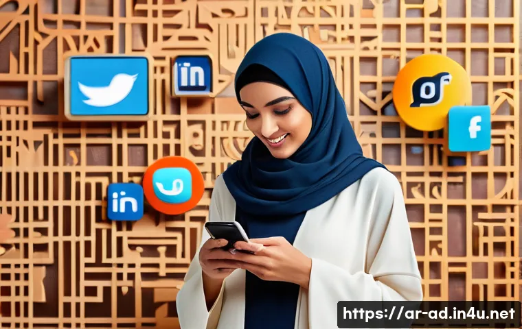 광고홍보사와 비주얼 스토리텔링 광고 - A vibrant digital marketing scene showcasing a Middle Eastern woman in modern modest attire holding ...