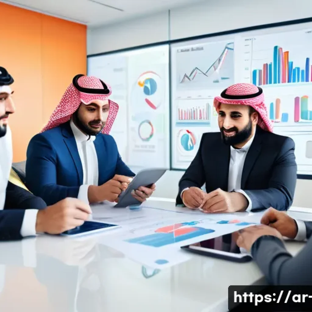 광고홍보사와 B2B 광고 기획 - A professional Middle Eastern business meeting scene featuring diverse Arab executives in modern off...