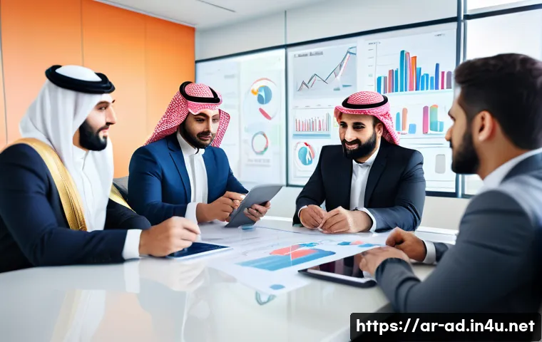 광고홍보사와 B2B 광고 기획 - A professional Middle Eastern business meeting scene featuring diverse Arab executives in modern off...