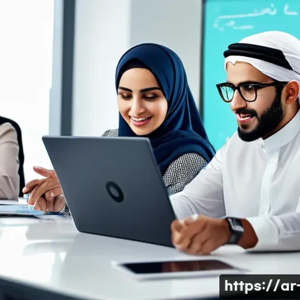 광고홍보사 필기시험 합격 전략 - A professional Middle Eastern advertising agency office scene, featuring a diverse team of young Ara...