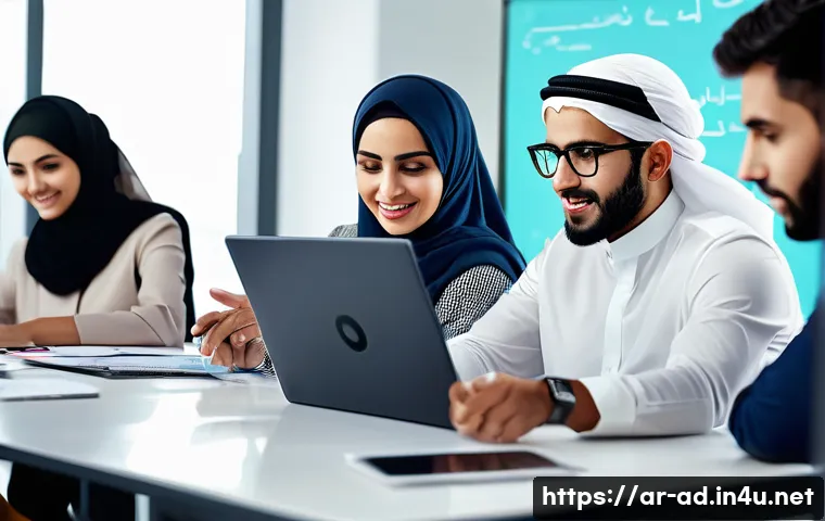 광고홍보사 필기시험 합격 전략 - A professional Middle Eastern advertising agency office scene, featuring a diverse team of young Ara...