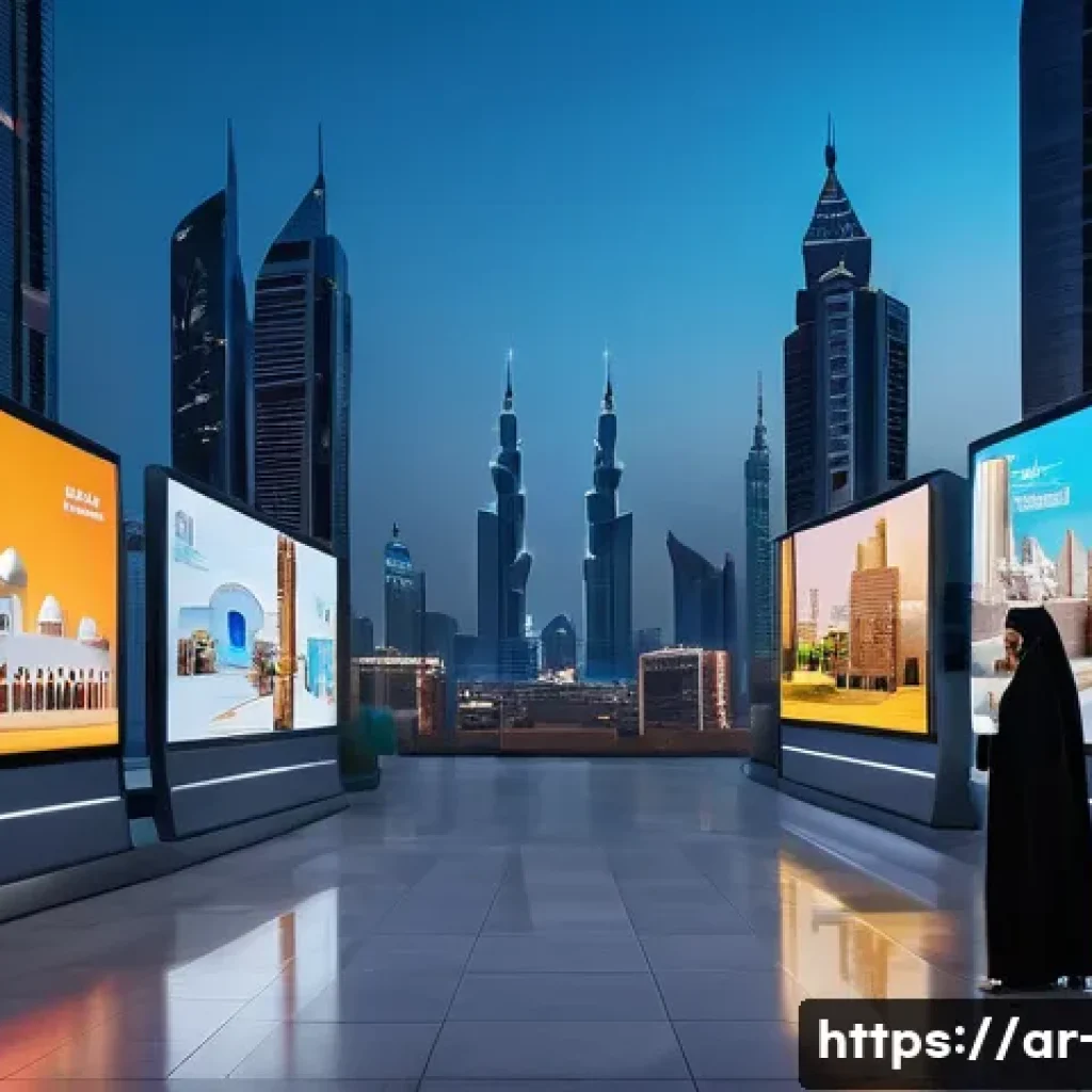 광고홍보사와 디지털 광고 트렌드 분석 - A vibrant digital marketing campaign scene set in a modern Middle Eastern cityscape at dusk, showcas...