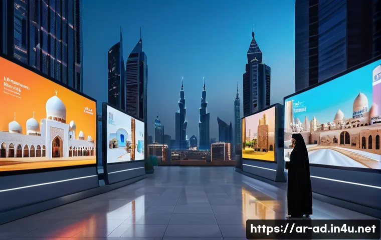 광고홍보사와 디지털 광고 트렌드 분석 - A vibrant digital marketing campaign scene set in a modern Middle Eastern cityscape at dusk, showcas...