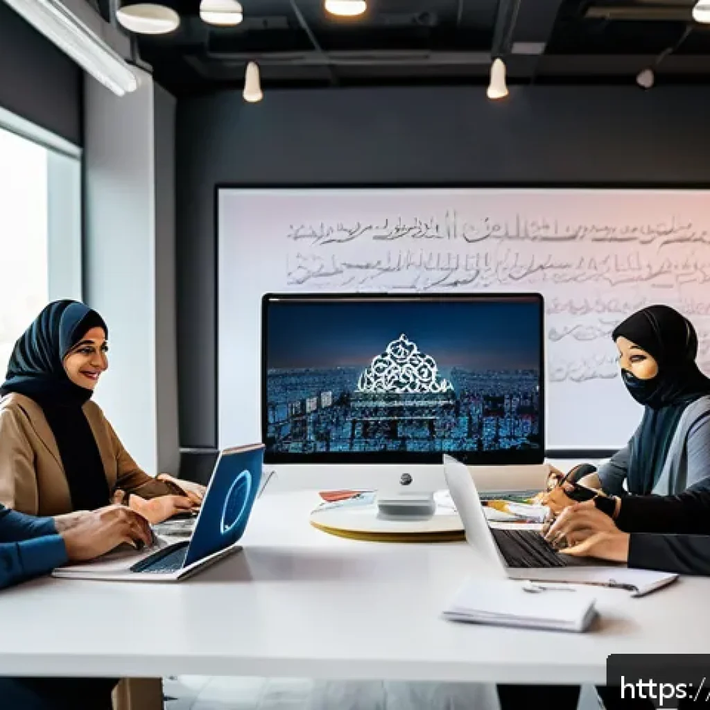광고홍보사와 글로벌 브랜드 광고 캠페인 - A vibrant digital marketing team meeting in a modern office decorated with Middle Eastern art and ca...