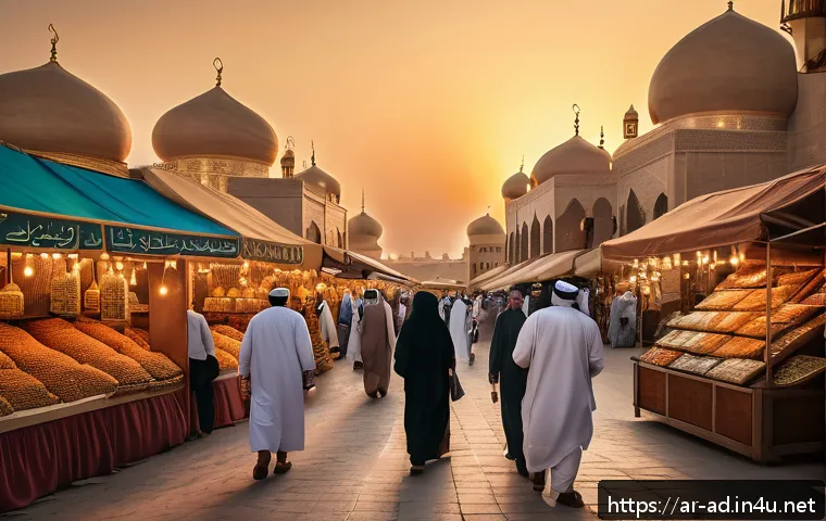 광고홍보사와 성공적인 브랜드 광고 사례 - A vibrant Arabic marketplace scene at sunset featuring diverse local people engaging with digital ad...