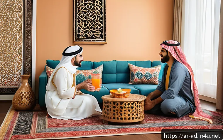 광고홍보사 브랜딩 사례 연구 - A vibrant, heartwarming scene depicting an Arab family gathered in a cozy living room, sharing joyfu...