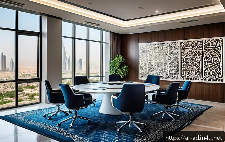 광고홍보사와 광고 성과 최적화 - A modern office meeting room in a Middle Eastern advertising agency, featuring a diverse team of Ara...