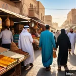광고홍보사와 로컬 브랜드 광고 성공 사례 - A vibrant street market scene in a Middle Eastern city during golden hour, showcasing diverse local ...