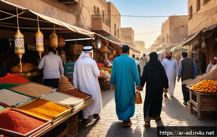 광고홍보사와 로컬 브랜드 광고 성공 사례 - A vibrant street market scene in a Middle Eastern city during golden hour, showcasing diverse local ...