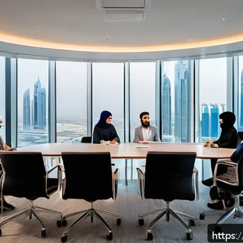 광고홍보사와 효과적인 광고 회의 방법 - A modern, professional meeting room in a high-rise office in Dubai, featuring a diverse team of Arab...