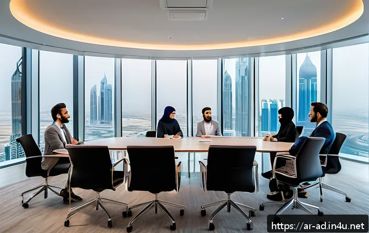 광고홍보사와 효과적인 광고 회의 방법 - A modern, professional meeting room in a high-rise office in Dubai, featuring a diverse team of Arab...