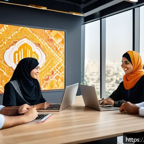 광고홍보사 시험 기출 문제 - A modern Arabic advertising agency office scene set in a bustling Middle Eastern city, featuring a d...