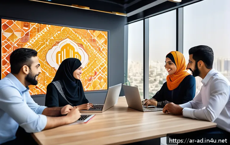 광고홍보사 시험 기출 문제 - A modern Arabic advertising agency office scene set in a bustling Middle Eastern city, featuring a d...