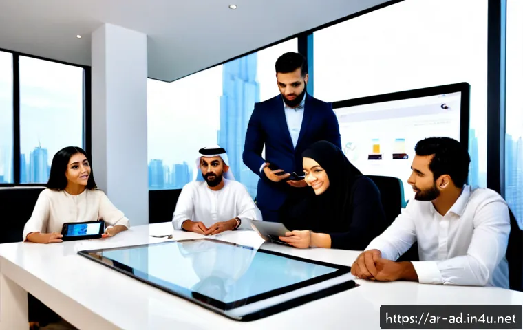 광고홍보사와 제품 출시 광고 캠페인 - Photorealistic modern advertising agency in a Gulf city, diverse Arab creative team in modest profes...